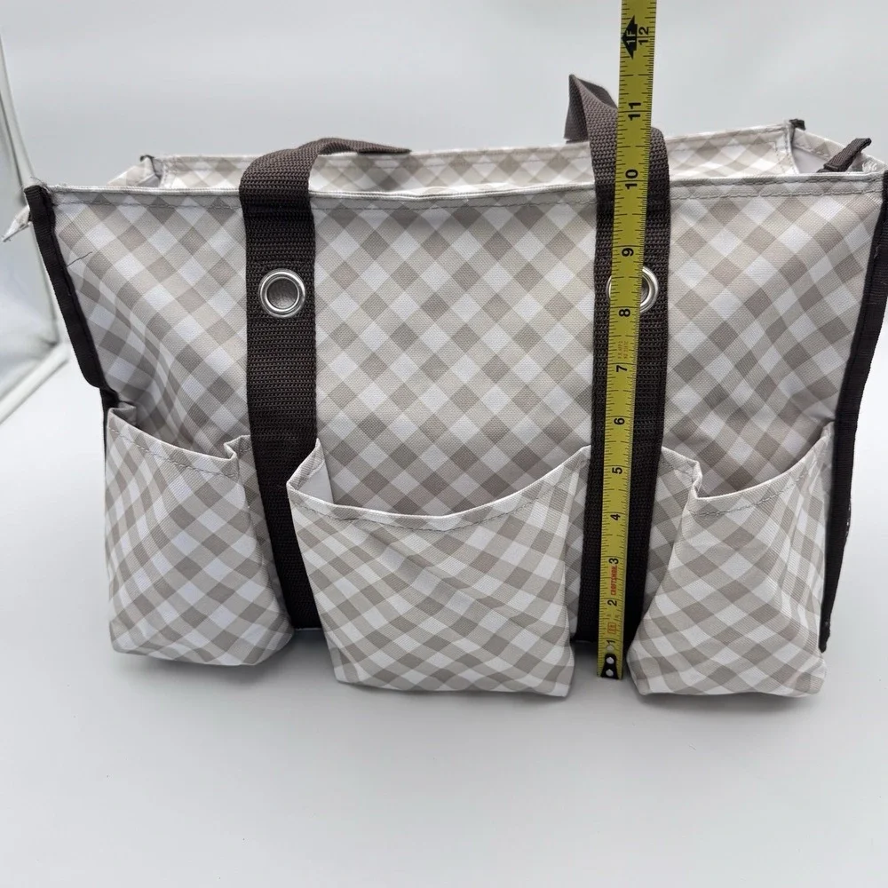 Thirty One 31 Zip Top Organizing Tote 7 Pocket Medium Taupe Brown Gingham Bag